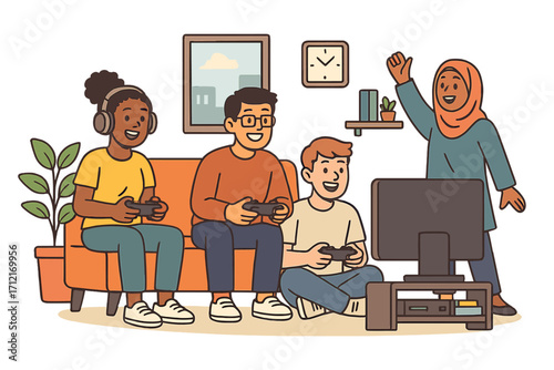 Diverse group of friends playing video games together. Multicultural people gaming at home. Happy characters on couch with controllers. Fun leisure activity. Vector cartoon.