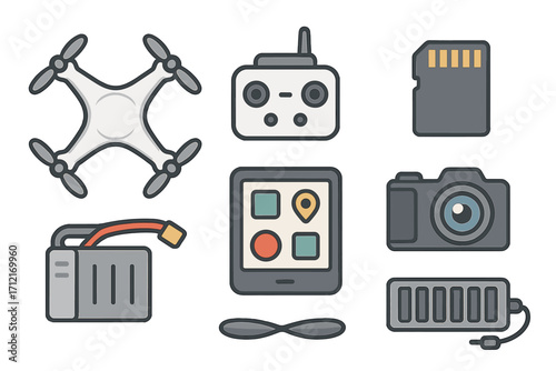 Drone and photography vector icon set with quadcopter, camera, and accessories. Flat design cartoon illustration of remote control, battery, propeller, SD card and tablet.