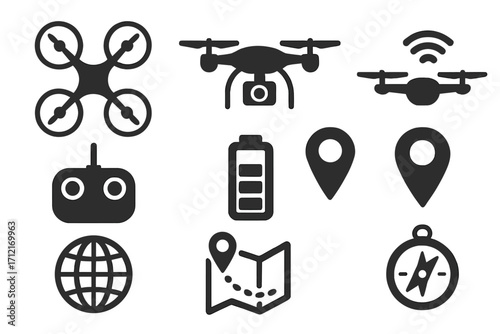 Drone technology icon set. Flat silhouette vector illustration of a quadcopter, remote control, camera, battery, and navigation symbols like a map, compass, and GPS pins.