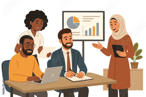 Diverse business team collaborating in office meeting. Multicultural professionals working on project. Woman in hijab presenting with charts. Teamwork and corporate success concept. Vector.