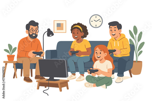 Happy diverse family and friends gaming together at home. Group of people with controllers playing video games. Leisure, fun and entertainment concept. Vector illustration.