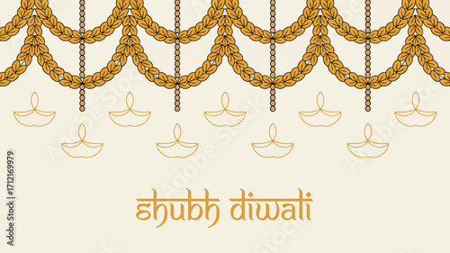 Decorative shubh diwali illustration with golden leaf garland and hanging diya outlines on cream background