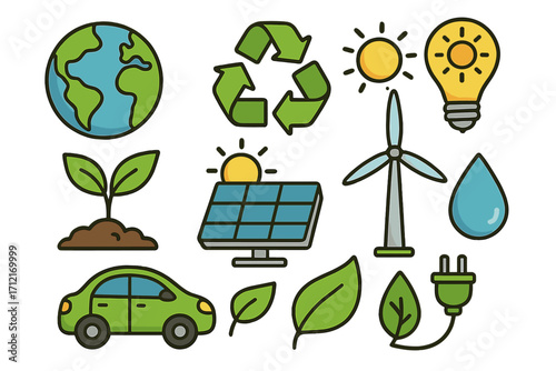Green energy icon set for environmental sustainability. Renewable energy concepts like solar panel, wind turbine, and electric car. Ecology, recycling, and conservation symbols.