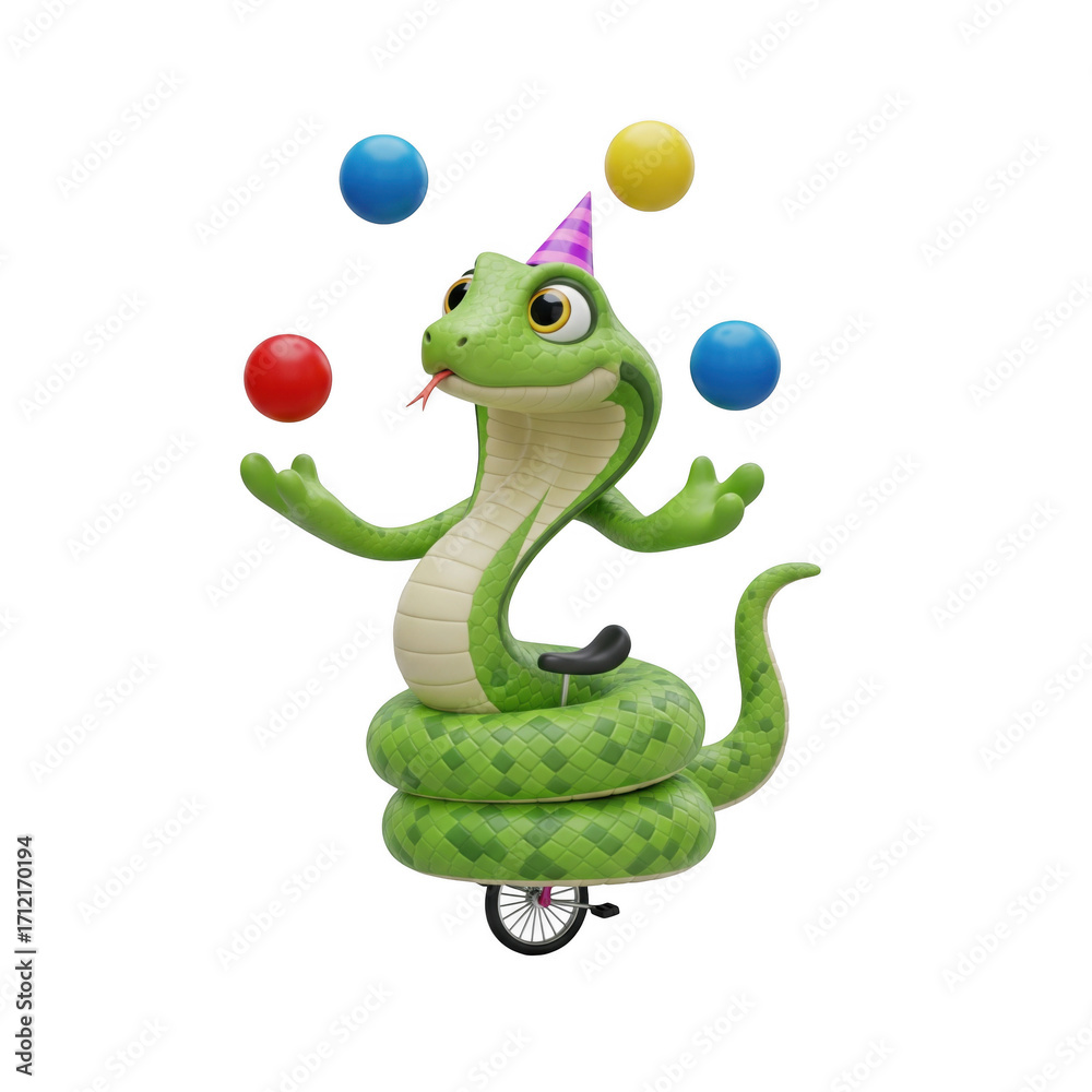 Naklejka premium Charming Cartoon Snake Juggler on Unicycle: A Whimsical Animated Character Design
