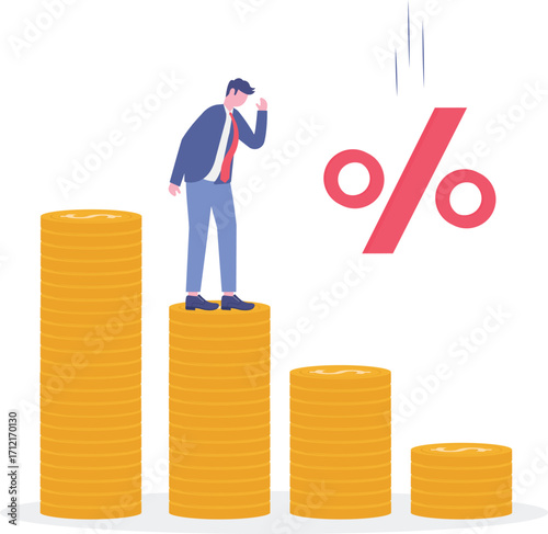 Percent presses down arrow, percent drop concept with people character.
