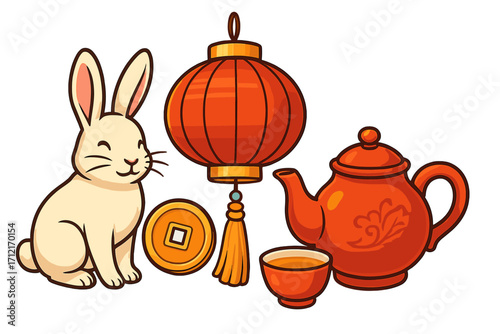 Chinese New Year symbols with rabbit, red lantern, teapot, and gold coin. Traditional Asian culture celebration elements. Mid-Autumn festival concept. Vector cartoon illustration.