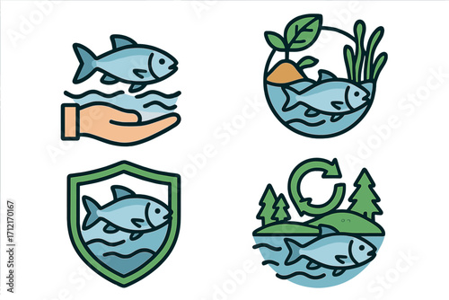Fish conservation icon set illustrating sustainable practices for protecting aquatic life. Concepts for habitat restoration, water safety, ecosystem renewal and wildlife preservation.
