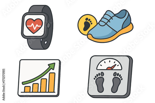 Fitness tracking icon set. Health app elements. Smartwatch for heart rate, shoe for step count, scale for weight loss, and chart for progress. Vector cartoon illustration.