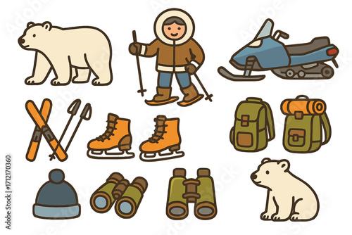 Arctic adventure and winter sports icon set. Vector collection with polar bear, Inuit skier, snowmobile, ice skates, backpack, and exploration gear for travel concepts.