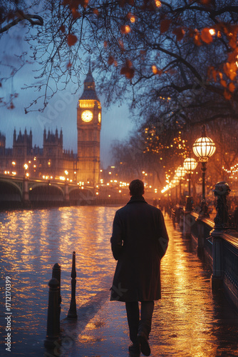 Man walking alone, London street at night.