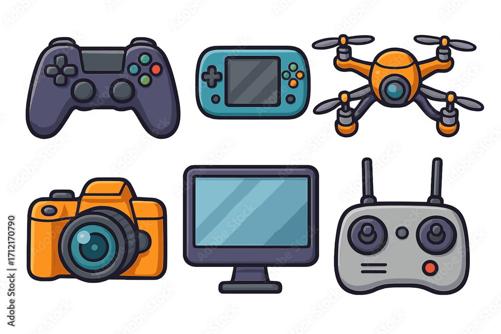 Fototapeta premium Colorful technology icons set representing gaming controllers, handheld game console, drone, digital camera, computer monitor, and remote control device, vector cartoon illustration