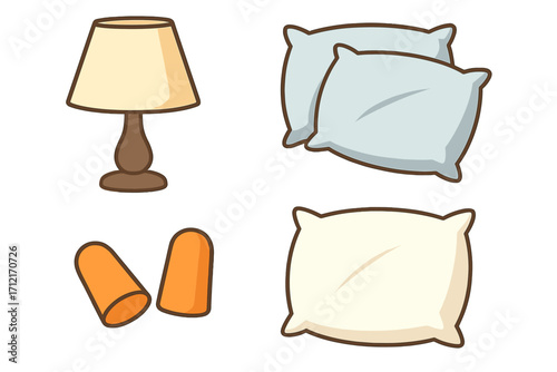 Sleep essentials for a perfect night’s rest with soft pillows, cozy lamp, and earplugs. Comfort, relaxation, bedtime routine, calm environment vector cartoon illustration.