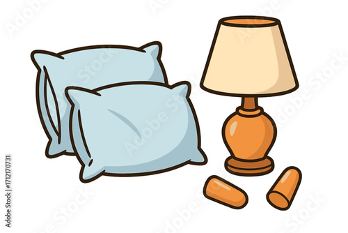 Sleep essentials for a perfect restful night with soft pillows, warm bedside lamp, and noise-reducing earplugs, cozy bedroom comfort concept, vector cartoon illustration