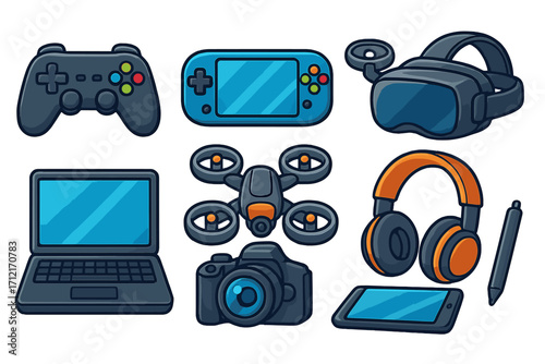 Colorful technology icons set with gaming controllers, virtual reality headset, laptop, drone, camera, headphones, stylus, and mobile device, vector cartoon illustration