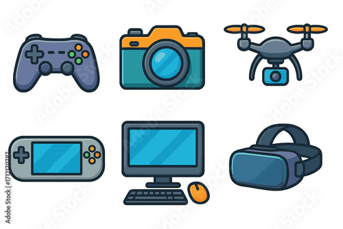 Colorful vector cartoon icons of technology devices for gaming, photography, drone operation, VR headset, computer, and handheld console, digital electronics illustration