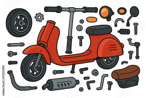 Various Scooter Parts and Components Laid Out Flat, Vector Cartoon Illustration of Scooter Accessories, Wheels, Handlebars, Seat, Headlight, Exhaust, and Mechanical Elements