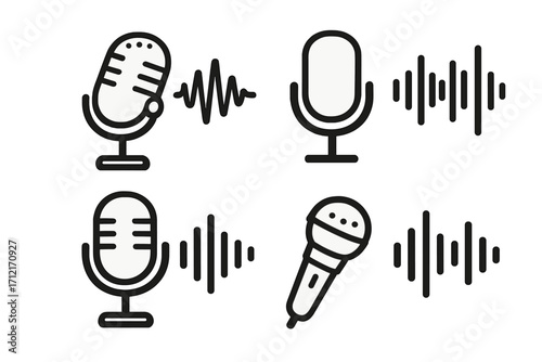 Various microphone and sound wave icons representing audio communication, voice recording, podcasting, and broadcasting in a vector cartoon illustration with transparent background, organized set