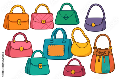 Various styles of colorful handbag designs collection, vibrant fashion accessories, modern cartoon vector illustration, trendy purses, unique bag shapes, stylish women's handbags