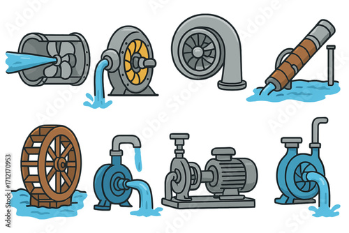 Various types of water turbines and pumps illustrated with clear cartoon style, showcasing functionality, design elements, water flow, hydraulic machinery vector, energy equipment, engineering concept