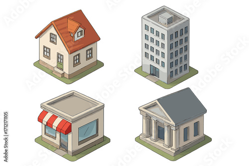 Unique isometric building designs collection featuring diverse architectural styles and structures, vector cartoon illustrations with transparent backgrounds, ordered set for design projects