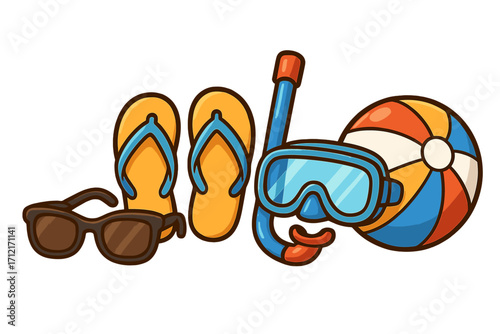 Summer beach vacation essentials set. Cartoon vector illustration of flip flops, sunglasses, snorkel, diving mask and beach ball. Holiday travel accessories concept isolated.
