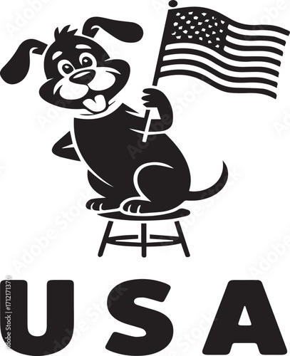 Cartoon dog sitting on stool holding American flag with U S A text below united states