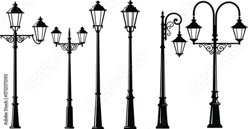 Vintage street lamps, classic lamp post silhouettes, retro outdoor lighting, decorative lantern poles, urban night lights, antique streetlight design, traditional city illumination