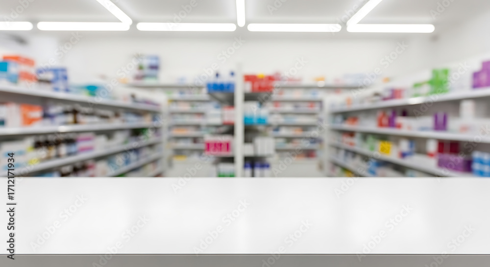 Fototapeta premium Blurred background of shelves full of medicines in a pharmacy, with a white counter in the foreground.