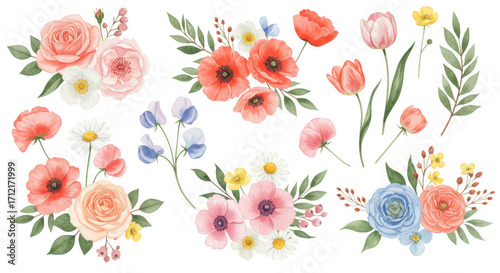 Floral Watercolor Illustration: A vibrant collection of hand-painted watercolor floral elements, each blossom a celebration of color and detail.