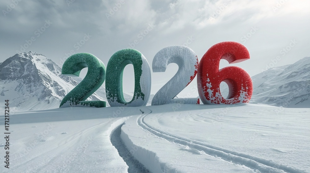 Fototapeta premium 2026 Winter Olympics in Italy symbol with giant 3D numbers in Italian flag colors on snowy mountain landscape, international sports event in Milan Cortina d’Ampezzo