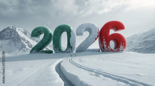 2026 Winter Olympics in Italy symbol with giant 3D numbers in Italian flag colors on snowy mountain landscape, international sports event in Milan Cortina d’Ampezzo