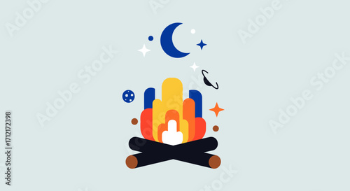 Vibrant campfire illustration with moon and stars at night.