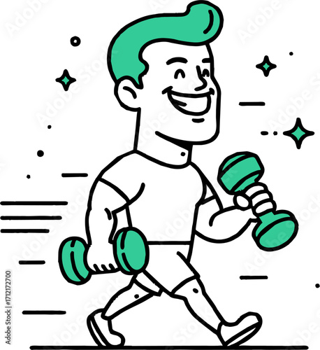 Young man exercising with weight equipment. Happy smiling guy walking and lifting dumbbell flat vector illustration. Healthy active lifestyle. Male doing sport isolated on white background