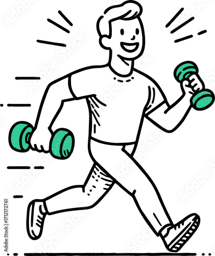 Young man exercising with weight equipment. Happy smiling guy walking and lifting dumbbell flat vector illustration. Healthy active lifestyle. Male doing sport isolated on white background