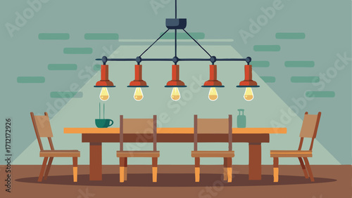 A dining room featuring a unique chandelier made from repurposed pipes and Edison bulbs hanging above a rustic wooden table.