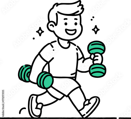 Young man exercising with weight equipment. Happy smiling guy walking and lifting dumbbell flat vector illustration. Healthy active lifestyle. Male doing sport isolated on white background
