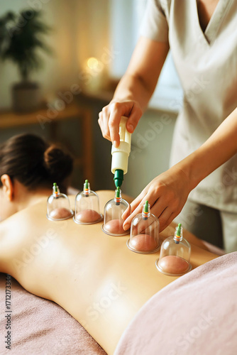 Traditional Chinese cupping therapy with suction cups applied to woman’s back in health spa, Holistic healing and alternative medicine