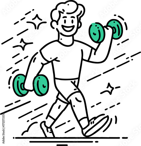 Young man exercising with weight equipment. Happy smiling guy walking and lifting dumbbell flat vector illustration. Healthy active lifestyle. Male doing sport isolated on white background