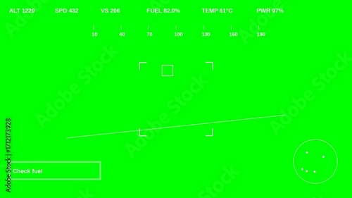 Aircraft cockpit HUD overlay with flight indicators on green screen.