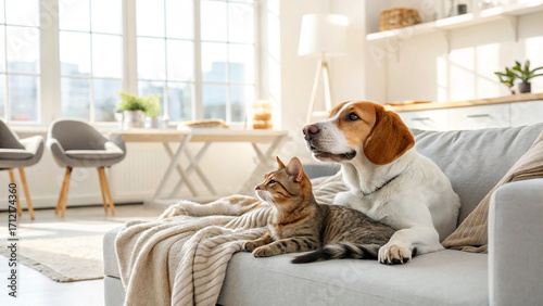 Pet dog and cat cuddling on couch in modern living room, cute animal friendship scene