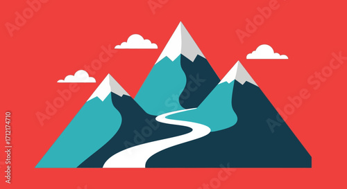 Stylized Mountain Range with Snow-Capped Peaks and Winding Path.