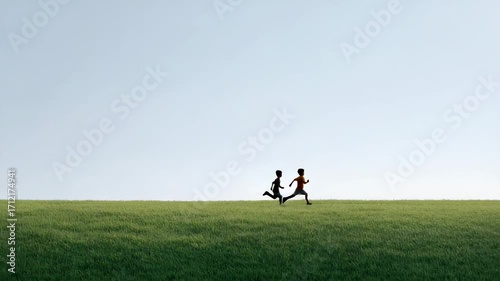 Young boys racing across verdant hill, experiencing carefree summer joy under expansive blue sky during camping vacation, embodying childhood freedom and energetic play