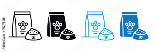 Set of four icons representing pet food, including bags of kibble and bowls filled with food, in black, white, and blue colors, isolated on white background