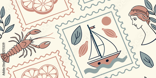A whimsical illustration featuring a repeating pattern of postage stamps with nautical and classical motifs, including a lobster, sailboat, and a womans profile