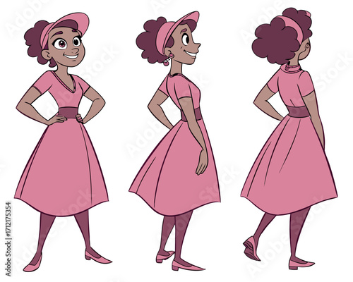 Cartoon woman in pink dress in multiple views front back side and 3/4 view