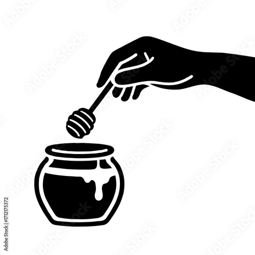 A human hand holding a honey dipper above a jar, shown in black silhouette style on a white background, symbolizing sweetness and natural food
