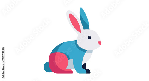 Cute cartoon rabbit with blue and pink accents sitting.