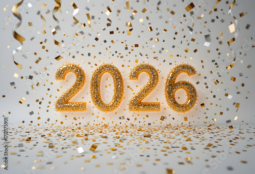 Happy New Year 2026 with Golden Confetti and Glitter. Festive 2026 Background with Gold and Silver Streamers