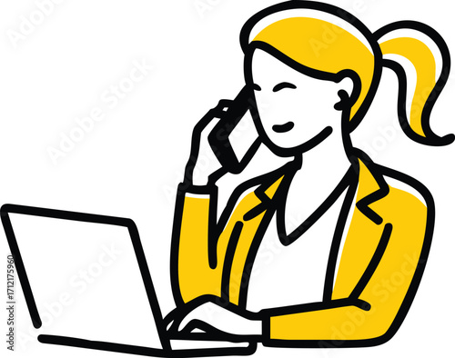 Woman with blonde ponytail talking on phone using laptop blonde hair