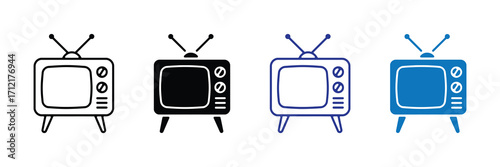 Collection of four vintage television icons in different styles outline, solid black, outline with purple accents, and solid blue, all isolated on a white background